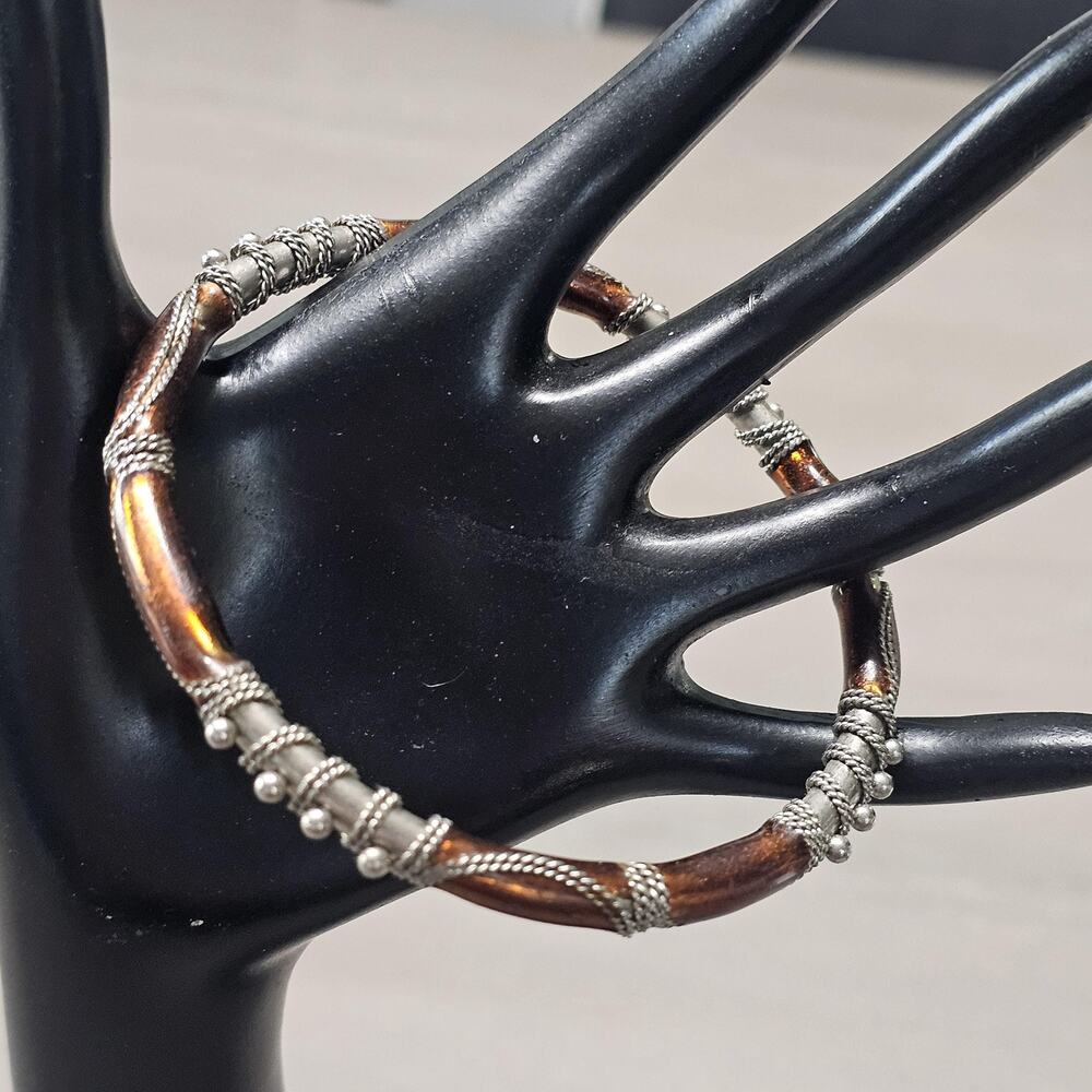 Vintage Boho/Steampunk Artisan Wire Wrapped Copper & Silver Tone Bangle Bracelet